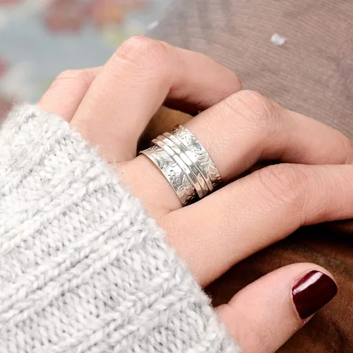 Miniatura 2 de Boho-Magic Anillo giratorio de plata de ley 925 con flores para mujer, anillo para aliviar la ansiedad, Metal
