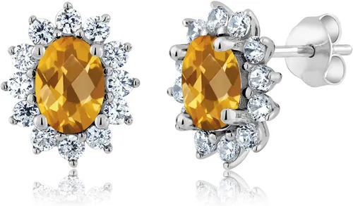 Miniatura 224 de Gem Stone King Aretes ovalados de plata de ley 925 de 0.276 x 0.197 in con piedra natal de la princesa Diana, estilo halo real para mujeres
