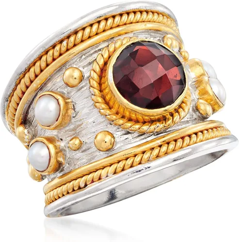 Miniatura 4 de Ross-Simons 2.20 Carat Garnet and 3mm Cultured Pearl Ring in Sterling Silver and 18kt Gold Over Silver