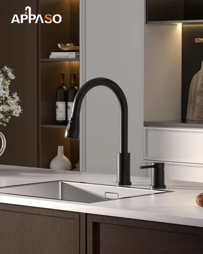 Miniatura 2 de APPASO - Grifo de cocina de 2 agujeros, grifo de cocina negro mate con rociador extraíble de 3 modos, grifo de cocina de arco alto con manija