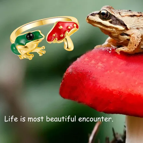 Miniatura 2 de Green Frog Red Mushroom Open-Rings for Women-Girls - Gold Silver Plated Cute Colorful Frog Mushroom Aesthetics Jewelry for BirthdayNew