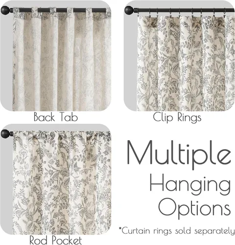Miniatura 6 de JINCHAN Cortinas florales de lino para sala de estar, cortinas negras de estilo granja francesa de campo, cortinas de 63 pulgadas de largo, cortinas