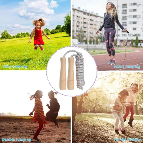 Miniatura 7 de Cuerda de saltar para niños, cuerda de saltar ajustable de algodón de 8.5 pies con mango de madera para niños y niñas, ejercicio al aire libre