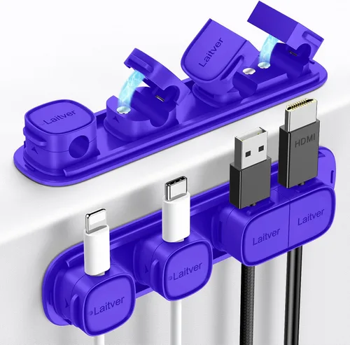 Miniatura 10 de Paquete de 6 clips magnéticos para cables [apertura/bloqueo en 1s], organizador y sujetador de cables Laitver con adhesivo fuerte para escritorio