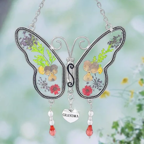 Miniatura 5 de Mariposa de la abuela que atrapa el sol con alas de flores a presión incrustadas en vidrio con borde de metal. Encanto del corazón de la abuela.