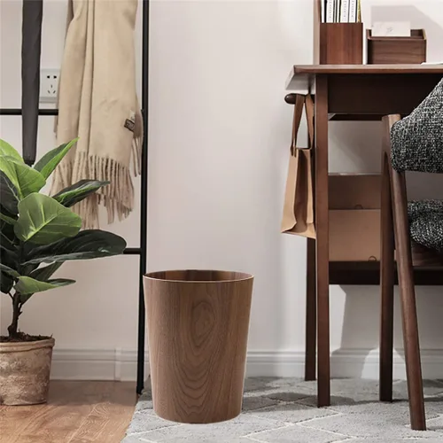 Miniatura 7 de Cubo de basura redondo apilable, de madera natural, para baños, cocinas, oficinas en casa (madera oscura)