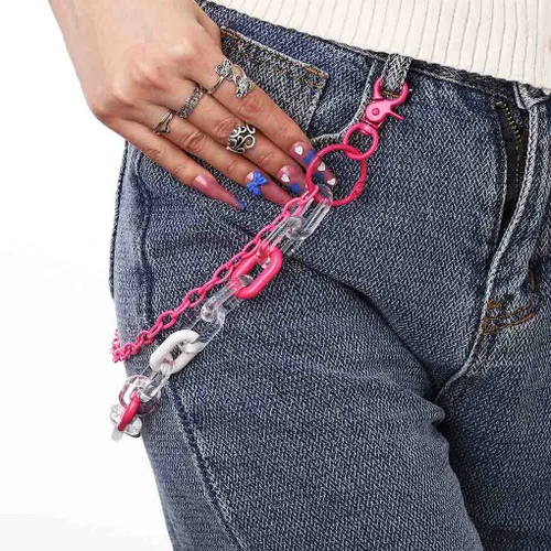 Miniatura 5 de Bomine Lindos pantalones de mezclilla con cadena llavero en capas colgantes de color rosa con diseño de corazón con bolsillo cadena hiphop roca