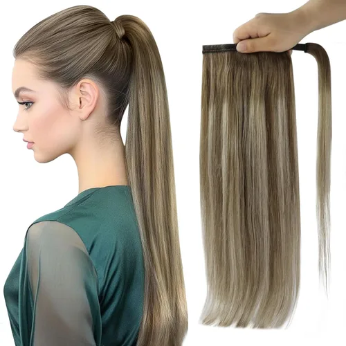 Miniatura 11 de Full Shine - Extensión de cola de caballo con clip, color marrón oscuro con mechas rubio miel, extensión de cabello humano real para mujeres, 14