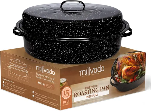Miniatura 11 de Millvado Bandeja para Asar con Tapa, Bandeja para Asar Pavo, Capacidad Extra Grande de 15 libras, Asador de Horno de Granito de 18" Forma Ovalada