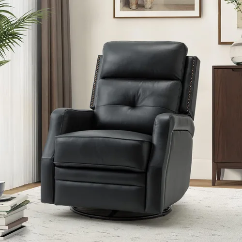 HULALA HOME Sillón reclinable giratorio de cuero genuino con respaldo ajustable y reposapiés, silla reclinable manual para sala de estar,