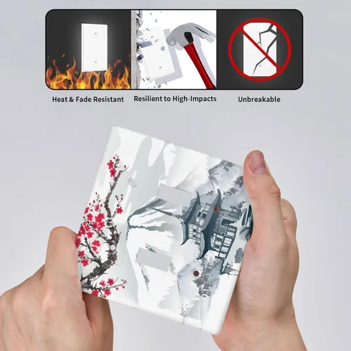 Miniatura 4 de Placa de pared para interruptor de luz de palanca, torre de montaña con diseño de cerezo japonés, cubierta de doble interruptor, tamaño de 2 bandas