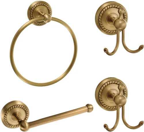 Miniatura 15 de Juego de 4 piezas de accesorios de baño de latón antiguo dorado, juego de toallero montado en la pared y anillo para toallas y soporte para papel