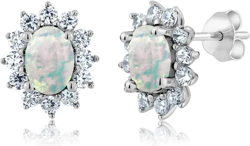Miniatura 162 de Gem Stone King Aretes ovalados de plata de ley 925 de 0.276 x 0.197 in con piedra natal de la princesa Diana, estilo halo real para mujeres
