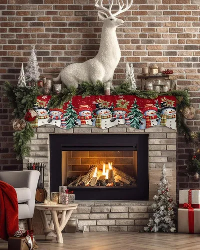 Miniatura 2 de Bufanda para Repisa de Chimenea de Navidad de 60 x 17 Pulgadas, Muñeco de Nieve Rojo Árboles de Navidad Bufanda para Repisa de Chimenea Cubierta