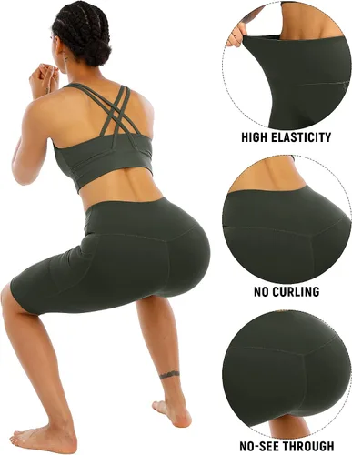 Miniatura 4 de WHOUARE Paquete de 4 pantalones cortos de yoga con bolsillos para mujer, cintura alta, atléticos, correr, entrenamiento, gimnasio, control de abdomen