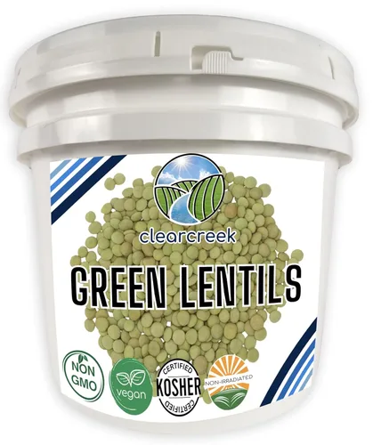 CLEAR CREEK Lentejas Verdes | Proyecto sin OMG verificado | Cubo de 25 lb | Vegano | Sin irradiar (brotará) | Kosher | Vegano