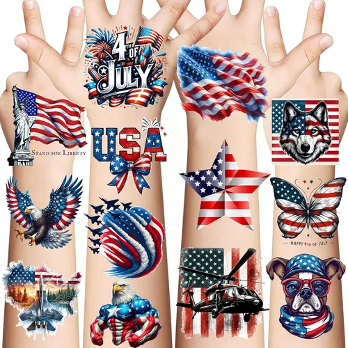 49 tatuajes patrióticos estadounidenses del 4 de julio, tatuajes temporales del Día de la Independencia, tatuajes temporales rojos, blancos y
