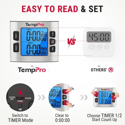 Miniatura 6 de ThermoPro TM02 - Temporizador digital de 24 horas con temporizadores de cocina duales para cocinar, cronómetros, reloj magnético con volumen