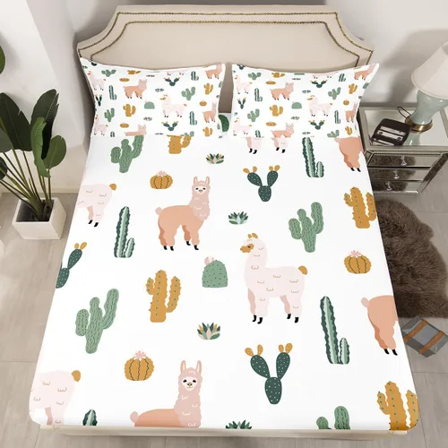 Miniatura 15 de Feelyou Juego de sábanas bajeras de alpaca para niños, lindo juego de ropa de cama con diseño de llama y donas de dibujos animados, juego de sábanas