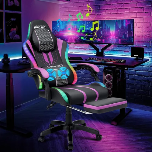 Miniatura 10 de HOFFREE Silla LED para juegos con altavoces, silla de computadora grande y alta con luces RGB, silla de juego Bluetooth con reposapiés, sillas