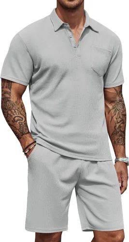 COOFANDY Conjunto de camisa polo y pantalones cortos de punto gofre para hombre, conjunto de 2 piezas, traje de verano casual con bolsillos