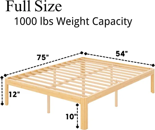Miniatura 2 de ZIYOO Marco de cama de plataforma de bambú de tamaño matrimonial de 12 pulgadas, diseño minimalista moderno, soporte resistente, fácil montaje,
