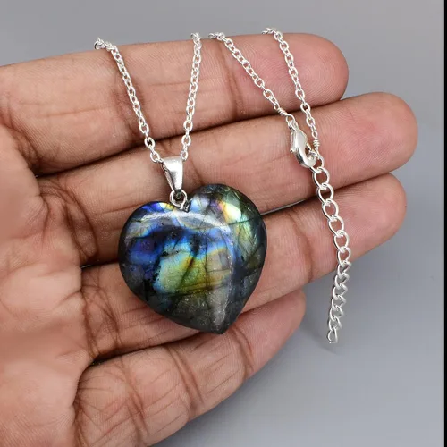Miniatura 4 de Gempires Natural Labradorite Heart Pendant Necklace, Handmade Jewelry, Silver Plated 18 + 2 Inch Adjustable Chain (Labradorite)
