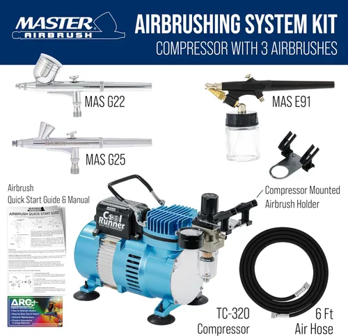 Miniatura 2 de Master Airbrush Cool Runner II Kit de sistema de aerógrafo de doble ventilador, kit de cepillo de aire con compresor de aire y 3 aerógrafos