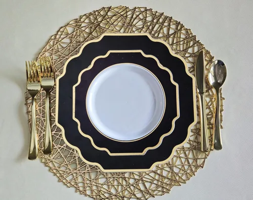 Miniatura 3 de Ocassions - Vajilla de 50-150-200 piezas para 25 invitados, color dorado E. Imperial Negro y Oro