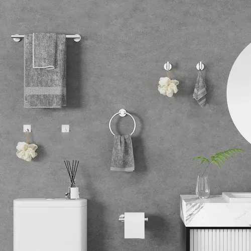 Miniatura 7 de Hardware de baño redondo de níquel cepillado: juego de 8 piezas de accesorios de baño de acero inoxidable - Incluye toallero de pared, soporte