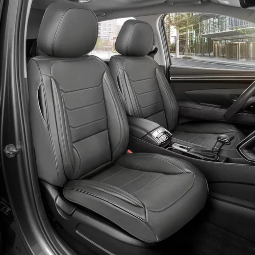 Miniatura 20 de MotorBox Haven Series - Fundas de asiento de piel de napa, para automóviles, edición Lux, fundas de asiento delantero con costuras de diamante