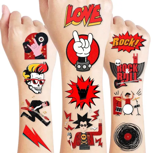 Calcomanías de tatuajes temporales de rock para niños, niñas y adultos, 60 tatuajes temáticos de bandas musicales con guitarras, tambores, pernos de