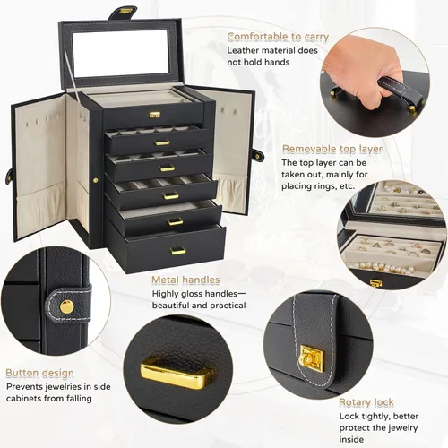 Miniatura 2 de AKOZLIN Gran joyero organizador funcional con cerradura, estuche grande de almacenamiento de joyas de cuero para mujeres y niñas, anillo collar