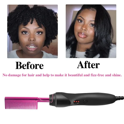 Miniatura 5 de Goiple Peine caliente eléctrico alisador de pelo rosa, peine alisador eléctrico para pelucas de cabello negro natural con diente ancho/cola de rata