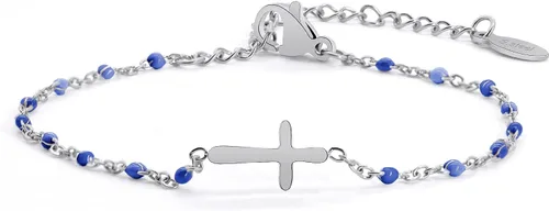 Miniatura 22 de Pulsera de Cuentas con Cruz Chapada en Oro de 14K para Mujeres, Pulsera de Acero Inoxidable Ajustable con Cruz de Fe Religiosa, Pulsera de Cadena