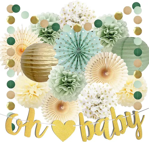 Decoraciones de baby shower verde salvia Oh Baby Banner de papel de seda, pompones de flores, abanicos de papel, guirnalda de puntos circulares,
