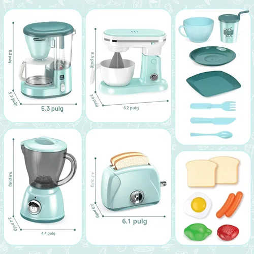 Miniatura 7 de Shemira Accesorios de Cocina de Juguete, Juego de Electrodomésticos de Cocina de Juguete con Cafetera, Licuadora, Batidora, Tostadora, Juego