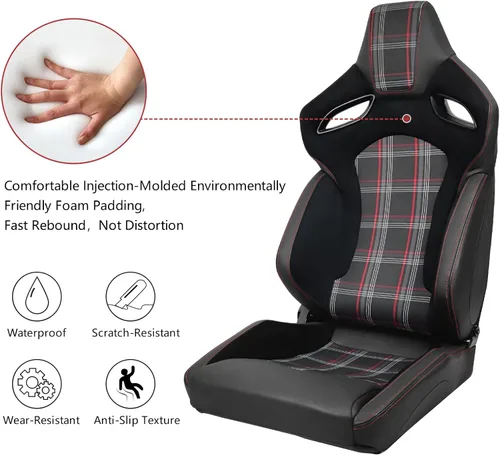 Miniatura 2 de IKON MOTORSPORTS, Asiento universal de carreras PU + cuero de carbono + gamuza, con deslizadores dobles, asiento deportivo reclinable negro