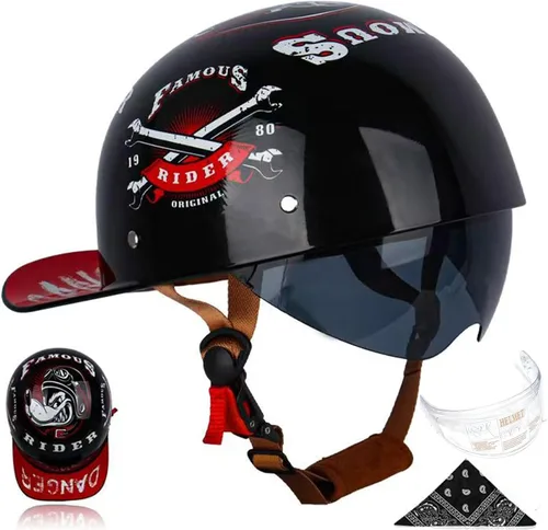 Miniatura 21 de Gorra de béisbol para motocicleta, 3 unidades, aprobado por DOT, estilo vintage, cara abierta, unisex, para adultos, medios cascos de doble lente