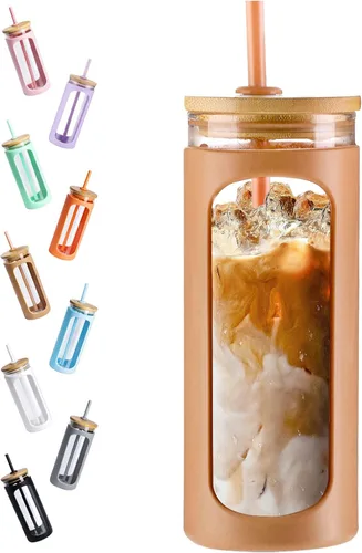 Miniatura 18 de Kodrine Vaso para agua de vidrio de 20 onzas con popote y tapa, botella de agua con tapas de bambú, taza para café helado, reutilizable, boca ancha