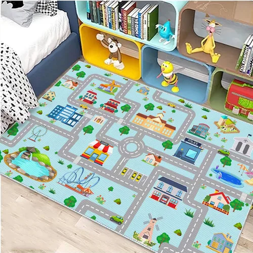 Miniatura 8 de Alfombra de coche para niños, 2 pies 7 pulgadas x 4 pies, alfombra de juego de tráfico urbano para autos de carreras y juguetes, divertida alfombra