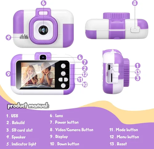 Miniatura 3 de Cámara para niños, juguetes electrónicos de cumpleaños para niños, videocámara digital mejorada para selfie de niños pequeños 1080P para niños de 4