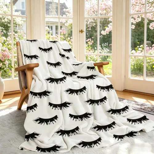 Miniatura 11 de Manta de pestañas en blanco y negro para sofá (50 x 60 pulgadas), manta de franela suave para decoración de habitaciones de pestañas, ropa de cama