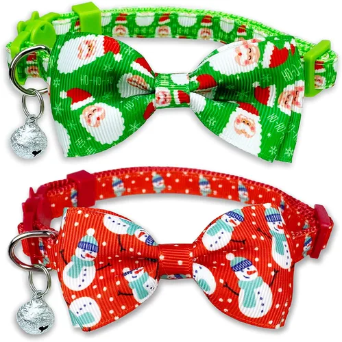 Miniatura 10 de Paquete de 2 collares de pajarita de gato de Navidad con campana, juego de collar ajustable festivo con dijes de árbol y campana, patrones de Papá