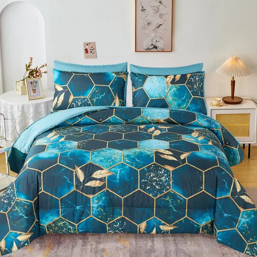 Miniatura 15 de ZRNBAST - Juego de edredón de nido de abeja negro de tamaño completo de 7 piezas, ropa de cama hexagonal suave y ligera, de mármol para todas