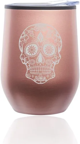 Vaso de vino sin tallo, taza de viaje de café con tapa, calavera de caramelo de azúcar (oro rosa)