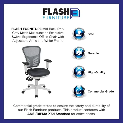 Miniatura 12 de Flash Furniture Nicholas Silla Giratoria de Respaldo Medio para Oficina y Juegos, Silla de Oficina Ergonómica de Malla con Soporte Lumbar y Altura