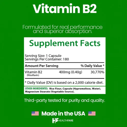 Miniatura 3 de Healthfare Riboflavina de vitamina B2 de 400 mg 180 cápsulas veganas Alta potencia Sin OMG Sin gluten Fabricado en Estados Unidos