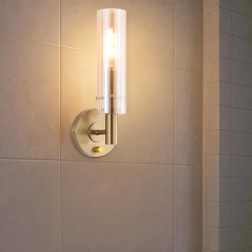 Miniatura 2 de BYOLIIMA Apliques de pared modernos con pantallas de vidrio ámbar a rayas, latón cepillado dorado, lámparas de tocador de baño, interruptor