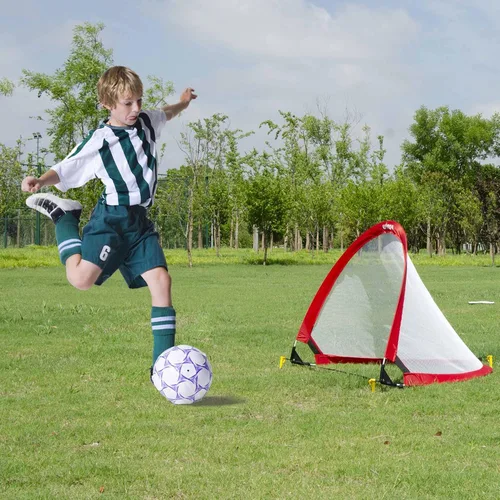 Miniatura 9 de Poray Soccer Goal for Kid Easy-up Set of Two Portable Soccer Net 210D Oxford with 8 Field Marker Cones Extra Stakes Fun for Backyard and Soccer Rojo